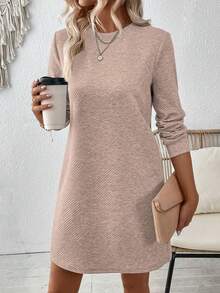 EMERY ROSE Women's Solid Color Round Neck Loose Casual Straight Long Sleeve Dress - Apricot - View 7