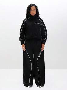 BABYPHAT 轻薄运动外套，撞色滚边细节，全拉链防风外套，休闲Y2K时尚运动套装，黑色 - 黑色 - 查看 3