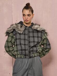 COUREZ 格纹拼接超大款飞行员夹克 / Y2K 冬季女装外出上衣新年冬季上衣冬季外套女式夹克 - 彩色 - 查看 5