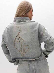 BABYPHAT Embellished Oversized Cropped Denim Jacket With Metal Studs And Raw Hem Detail For Women - Brown - View 1