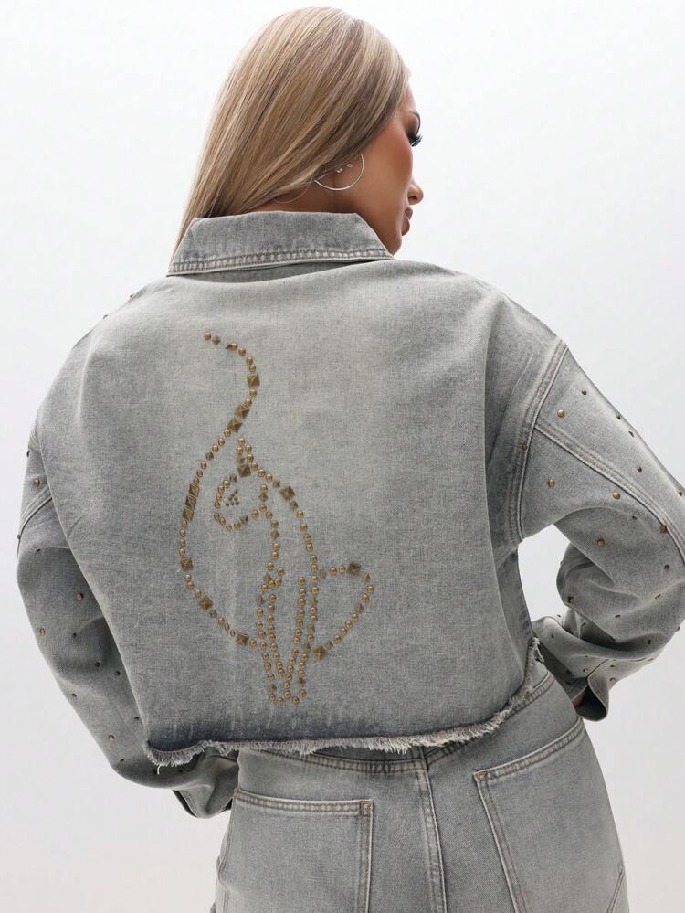 BABYPHAT 女性用 装飾付き オーバーサイズ クロップド デニムジャケット メタルスタッズ&ラフヘム仕様