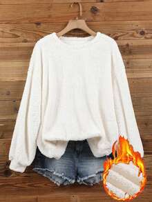 SHEIN LUNE Sweatshirt Wanita Kasual Minimalis Warna Putih Bahan Fleece Lembut Dua Sisi, Cocok untuk Musim Gugur/Dingin - MultiWarna - View 2