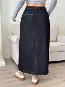 Dazy Plus 深色水洗牛仔前开衩长A字裙，秋季时尚单品 - 深色水洗藍 - 查看 2