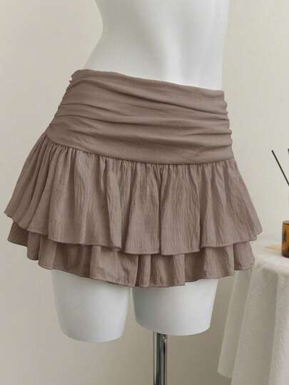 Elamini Beige Pleated High Waist Low Waist Double Layer Chiffon Skirt, Vacation Style Mini Skirt