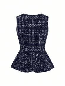 Ellevyn 女士优雅黑色西装，商务/通勤法式百搭格子衬衫和裙子两件套 - 藏蓝色 - 查看 3