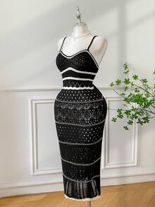 GalTyme Plus Size Casual Colorblock Striped Knit Cami Dress - Black - View 4