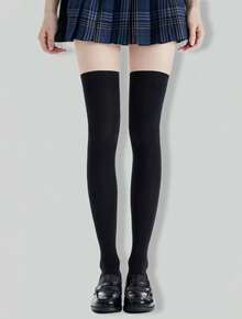 ROMWE Anime 1双高弹力黑色过膝长袜（女士款） - 黑與白 - 查看 5
