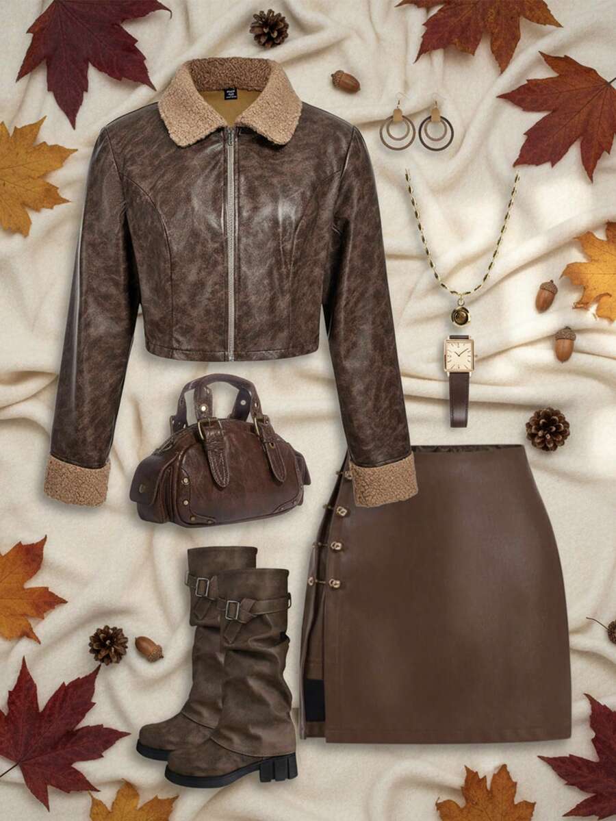 SHEIN MOD Plus Size Women PU Leather Lapel Bomber Jacket Short Coat,Women's Casual Chic Splice Teddy Fleece Lapel Zippered Faux Leather Short Jacket, Autumn/Winter, Brown Leather Jacket Women, Leather Jacket With Borg Collar,Western Jacket - Camel - View 1