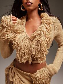 Denimoi Open Front Tie Waist Fringe Detail Cropped Sweater Cardigan - Brown - View 1