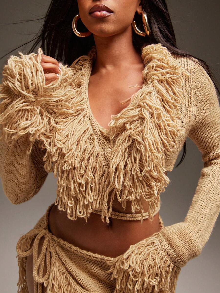 Denimoi Open Front Tie Waist Fringe Detail Cropped Sweater Cardigan - Brown - View 1