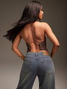 Denimoi High Neck Sleeveless O-Ring Sweater Halter Top, Sweater Top, Backless Top, Turtle Neck Sweater - Brown - View 3