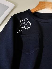 Everyssa Striped Patchwork Round Neck Floral Print Pocket Casual Women Sweatshirt Pullover Fall - Navy Blue - View 3