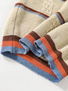 Jersey de punto básico con textura y contraste de color a rayas, jersey grueso de estilo coreano casual para niño y niña, otoño/invierno - Albaricoque - Ver 7