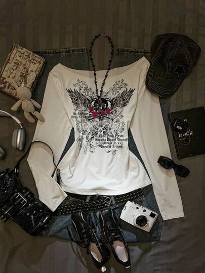 Attitoon Casual Street Gothic Baroque Skull Print Oversized Asymmetrical Shoulder Ruffle Hem Long Sleeve T-Shirt Women, Sexy Off-The-Shoulder Pullover For Fall/Winter, Back To School, Vintage, Punk, Women's Casual Wear, Autumn/Winter, Hip Hop, Style Core Aesthetic. Graphic