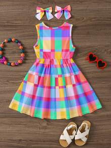 SHEIN Young Girl Casual Colorful Plaid Pattern Tank Dress, Summer Outfit