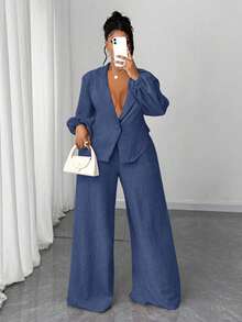 Maweii Bộ đồ đôi nữ cỡ lớn màu trơn gồm áo khoác cổ ve lật tay phồng và quần ống rộng, kiểu dáng thường ngày. - Màu xanh lam - Xem 4