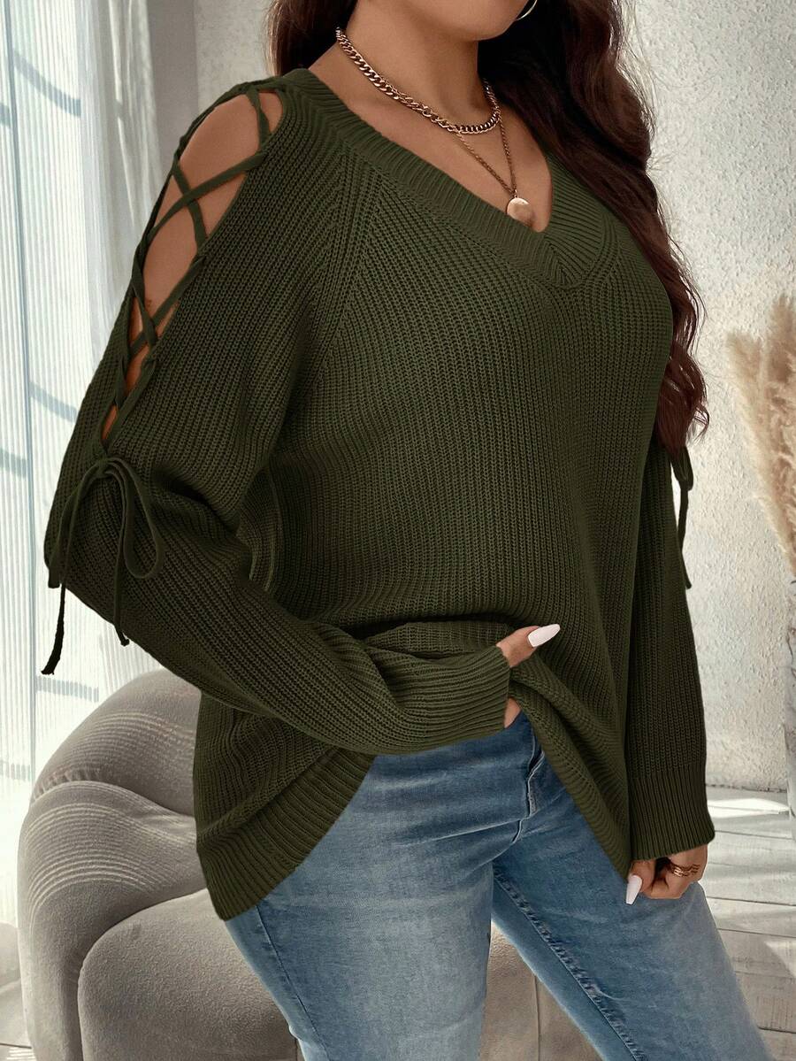SHEIN Clasi Suéter de manga raglán con cordón para mujer de talla grande para otoño/invierno - Verde militar - Ver 1