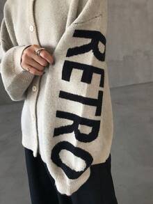 FRIFUL Damen Lässig Pullover mit Buchstabenmuster, Oversized Langarm, Strick Cardigan, Herbst/Winter