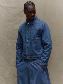 男士宽松版型纽扣牛仔夹克（冬季款） - 中等水洗藍 - 查看 1