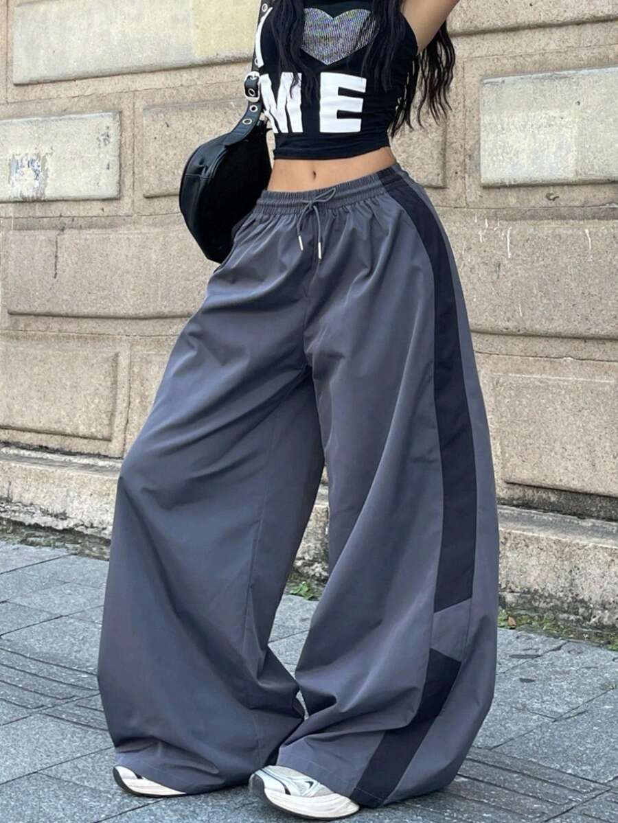 Coolane 女士秋季街头服饰演唱会狂欢节外出复古 Y2K 撞色灰色宽松阔腿裤 - 灰色 - 查看 1