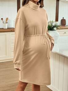 SHEIN Maternity Autumn Simple Solid Color High Neck Drawstring Waist Drop Shoulder Dress - Khaki - View 7