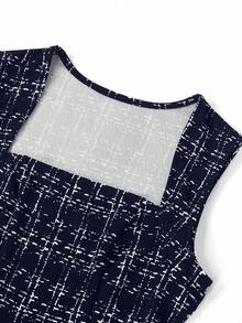 Ellevyn 女士优雅黑色西装，商务/通勤法式百搭格子衬衫和裙子两件套 - 藏蓝色 - 查看 4