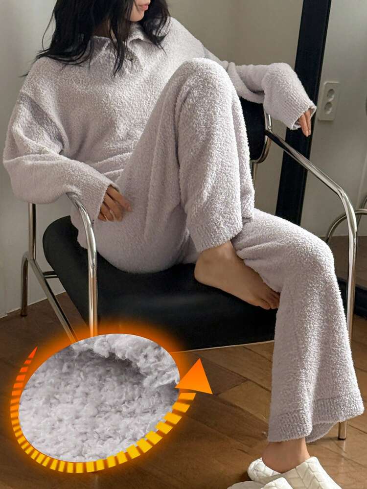 Women's Simple Half-Fleece Loose Fluffy Cozy Pajama Clothes Set, Winter