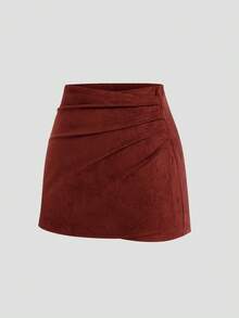 Sweetra Plus Size Brown Pleated Asymmetric Zipper Back Suede Fuzzy Fabric Short Skirt, Minimalist Style For Commuting, Autumn/Winter - Red - View 3