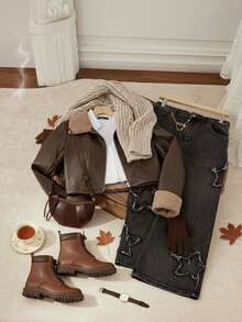 SHEIN MOD Plus Size Women PU Leather Lapel Bomber Jacket Short Coat,Women's Casual Chic Splice Teddy Fleece Lapel Zippered Faux Leather Short Jacket, Autumn/Winter, Brown Leather Jacket Women, Leather Jacket With Borg Collar,Western Jacket - Camel - View 6