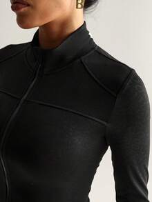 Dewbera Chaqueta deportiva de mujer para otoño/invierno, de cuello alto negro, con cremallera completa, de manga larga, con estampado de leopardo, ajustada con paneles de contraste, adecuada para uso casual diario, correr, yoga, gimnasio, tenis, golf y talla grande - Negro - Ver 7