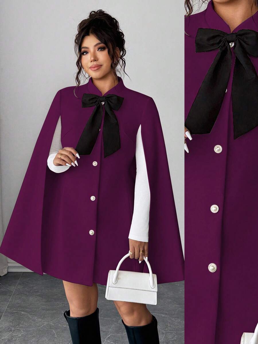 Elenzga 时尚休闲法式复古优雅珍珠纽扣蝴蝶结斗篷大衣 - 紫色 - 查看 1