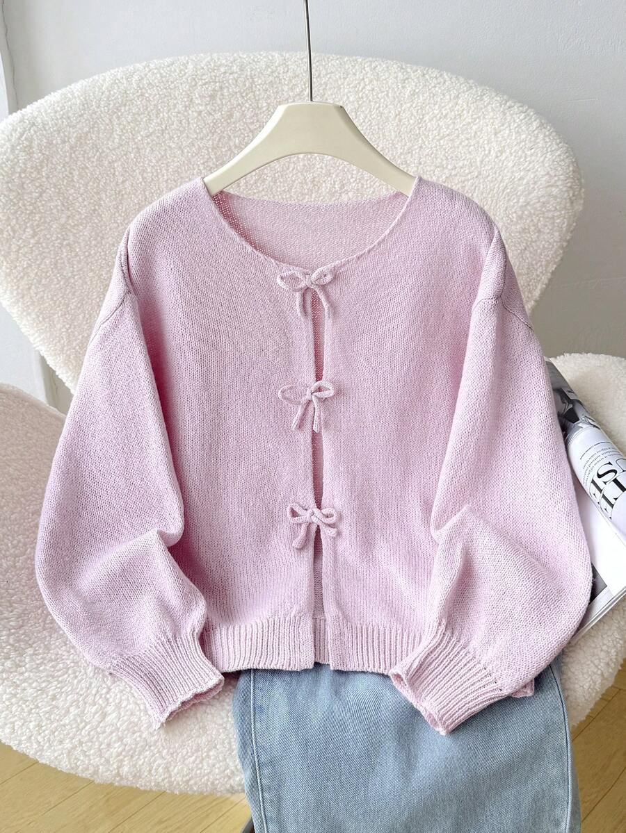 SHEIN Áo len cardigan tay đèn lồng đan nơ thời trang thường ngày đa năng cho bé gái tuổi mới lớn, thích hợp cho cuối tuần, đi chơi thường ngày, trở lại trường, mùa thu/đông - Màu Hồng baby - Xem 1