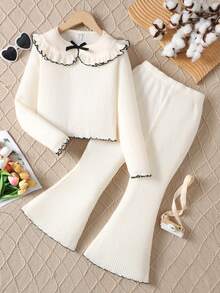 SHEIN 青少年女孩宽松休闲撞色装饰彼得潘领衬衫和喇叭裤套装 - 杏色 - 查看 1