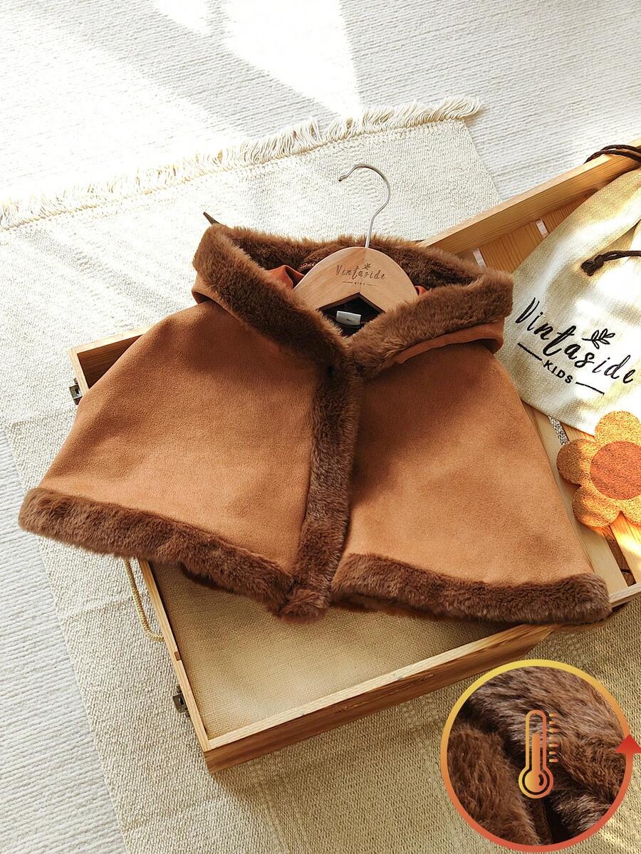 Vintaside Kids Baby Girl Faux Suede Soft Fleece Jacket With Furry Decor, Fashionable & Comfortable For Spring, Autumn And Winter Transition Seasons - Brown - View 1