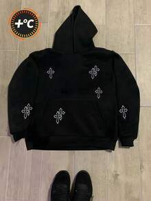 SHEIN 男童水钻卫衣，黑色图案卫衣，哥特风男童卫衣，图案水钻卫衣，自由女神像卫衣，儿童精选系列，日常基础款，快乐儿童，儿童粉彩色系，骑行核心，家庭旅行，快乐时光，我爱妈妈，我爱爸爸，可爱家居，酷炫，街头风，适合秋冬季的青少年男童休闲简约卡通图案长袖连帽加厚卫衣 - 黑色 - 查看 3