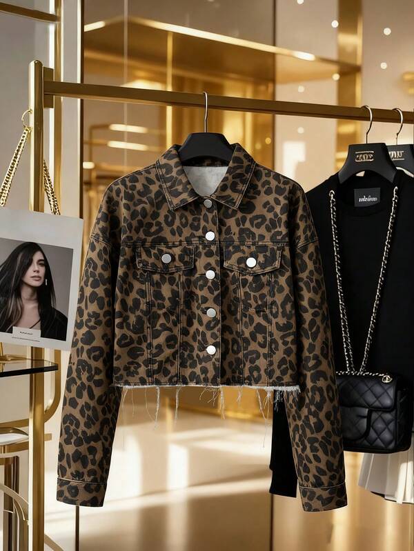 GlowEve Women's Leopard Print Long Sleeve Denim Jacket