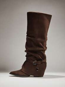 SHUZIA Damskie, seksowne, olśniewające, szpiczaste buty na klockowym obcasie do kolan - Czekoladowy brązowy - Zobacz 2