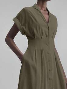Ontre 女士纯色 V 领蝙蝠袖褶皱单排扣休闲长裙，适合城市通勤、商务休闲、办公室穿着、教师制服、优雅派对礼服、圣诞节、万圣节、海滩度假 - 軍綠色 - 查看 8