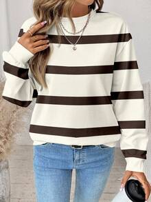SHEIN LUNE Casual Minimalist Brown & Beige Striped Print Round Neck Loose Fit Long Sleeve Sweatshirt For Women, Suitable For Autumn/Winter,Casual - Multicolor - View 3