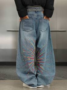 Manfinity ZONE917 Men's Loose Fashion Distressed Pocket Creative Firework Print Barrel Leg Jeans Baggy Jeans - Blue - View 2
