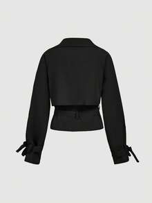 SHEIN MOD 复古黑色短款风衣，不对称设计，配腰带——学院风，70年代复古风，休闲舒适，通勤必备，尽显老钱气质，是学校、教师和办公室的理想之选，冬季必备。 - 黑色 - 查看 2