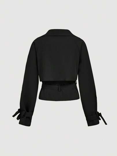 SHEIN MOD Vintage Black Short Trench Coat With Asymmetrical Design And Belt - Preppy Look, 70s, Casual, Comfortable, Commuting, Old Money Aesthetic, Ideal For School Attire, Teaching, And Office Wear,Old Money,Winter