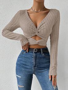 Firerie Camiseta de manga larga ajustada con cuello en V de punto acanalado, unicolor, con diseño retorcido y hueco, para mujer, primavera/otoño