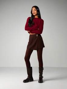 MISSGUIDED 秋冬款裹身高腰迷你裙裤，金色金属配件装饰 - 咖啡棕 - 查看 5
