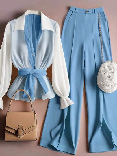 GlowEve レディース コントラストカラー 長袖 ウエストリボン ファッショナブルシャツ&パンツ 2点セット