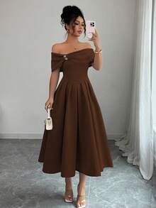 Elenzga 女式时尚露肩短袖水钻装饰喇叭中长连衣裙 - 咖啡 - 查看 6