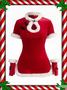 Conjunto de 4 piezas de vestido cheongsam con botones y lazo de terciopelo navideño - Rojo y blanco - Ver 6