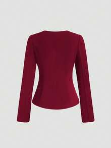 Sweetra French Minimalist Basic Metal Button Long Sleeve Women Regular Jacket, Christmas - Burgundy - View 2