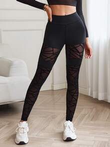 Slayform Quần legging lưới họa tiết liền mạch dành cho nữ, trang phục thể thao thường ngày - màu đen - Xem 4