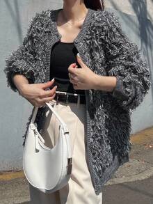 FRIFUL Áo khoác len cardigan tay dài dáng rộng, khoét vai đơn hàng khuy đơn dành cho nữ, Thu/Đông - màu đen - Xem 1